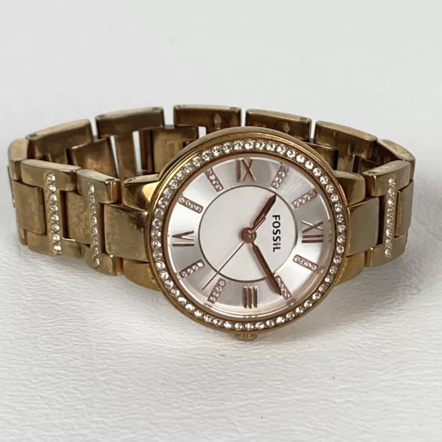 Fossil Virginia Watch Women Rose Gold Tone Pave Bezel Bling New Battery 5.5"