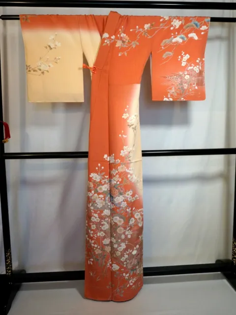 Japanese kimono  "HOUMONGI", Gold/Silver leaves,Gold thread,Rowel,L5' 3"..3126