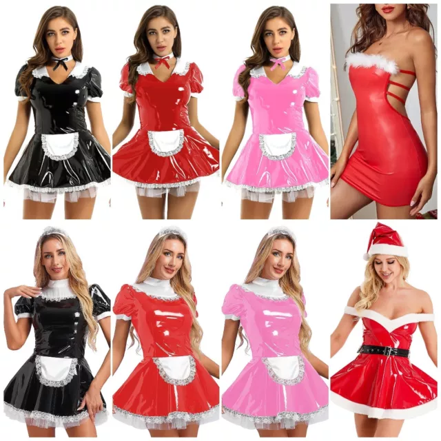 Women's Wet Look PVC Leather French Maid Costume Outfits Dress Apron Fancy Dress