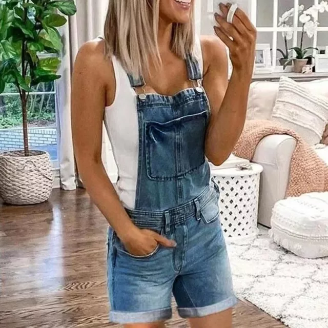 Summer Womens Elastic Waist Jeans Jumpsuits High Waist Denim Romper Dungarees US