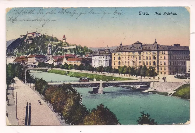 AK Color Graz Drei Brücken mit Straßenbahn um 1914 Verlag L. Strohschneider Graz