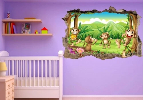 STICKERS 3D TROMPE l'oeil Animaux de la jungle singes - 23247 EUR 7,90