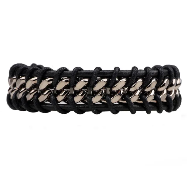 Men's Curb Chain Black or Coffee Color Braided Leather Wrap Bracelet