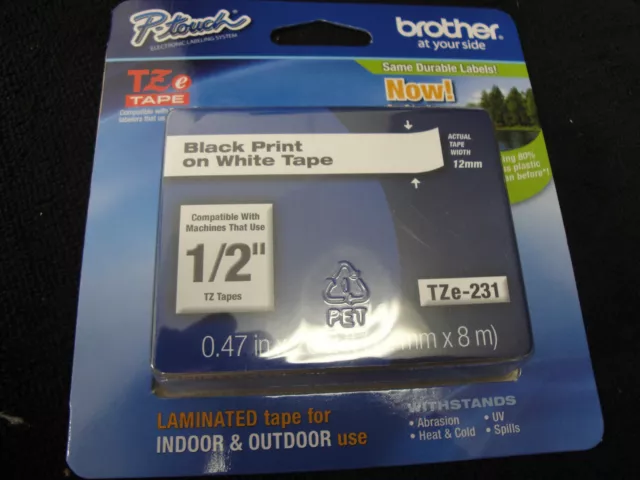 2 Brother P-Touch GENUINE TZe-231 BLACK ON WHITE LABEL MAKER TAPE 1/2" 8mm OEM