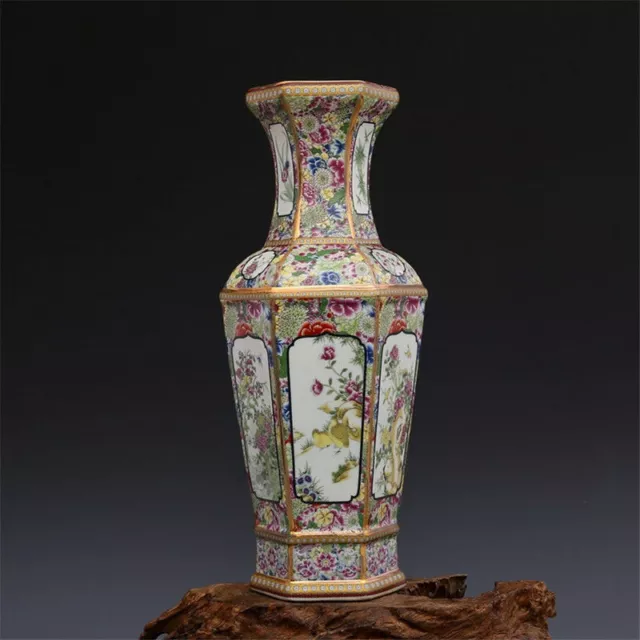 Jingdezhen Enamel Vase Six Square Flower Bird Qianlong Qing Antique reproduction