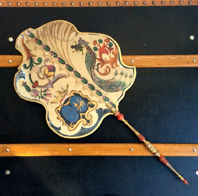 Éventail écran Ancien Napoléon III - Scène D'amour Courtois - Bois Et Carton - France XIXe Siècle - Décoratif