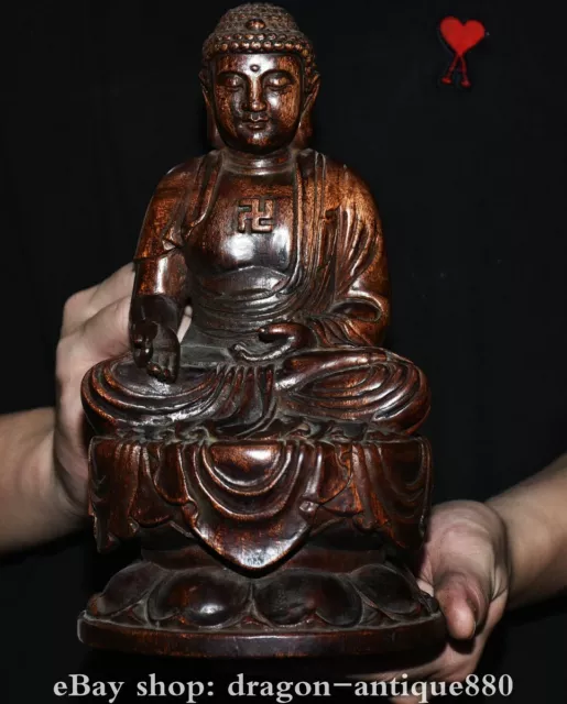 9.6” Old Chinese Huanghuali Wood Carving Sakyamuni Buddha Lotus Tai Statue