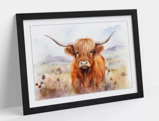 Highland Cow In Field Watercolour 1 -Framed Wall Art Poster Paper Print