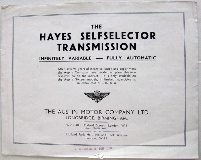 AUSTIN HAYES SELFSELECTOR Transmission 1072 Original Car Sales