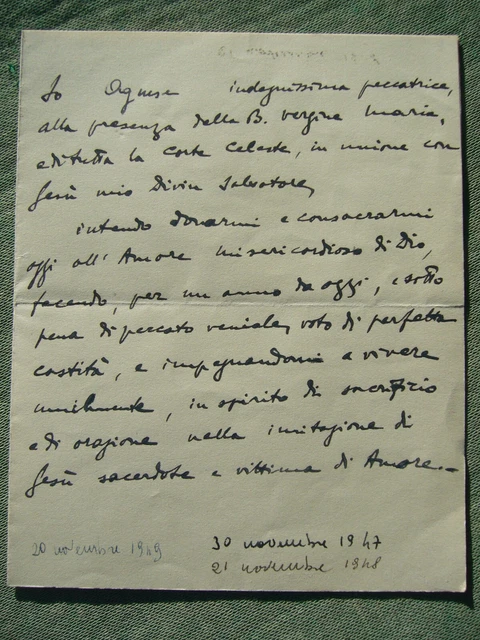 Foglio Originale 1947 Voto Di Perfetta Castita' Fatto Alla Beata Vergine Maria