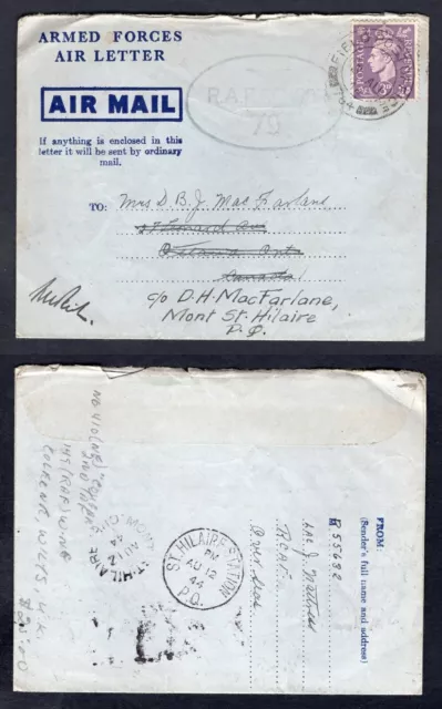 GB WW2 Military 1944 Censored Air Letter Cover to Mont St Hilaire Quebec Canada