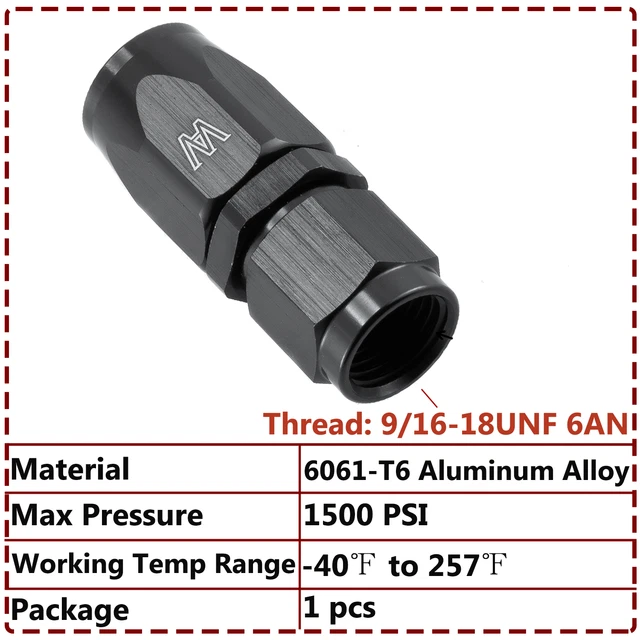 Black 6AN Straight Hose End /Oil Fuel /reusable /Swivel 6 AN Fitting -6 AN