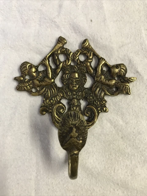 Vintage Victorian Solid Brass Cherub Angel Trumpets Wall Hook Hanger Decoration