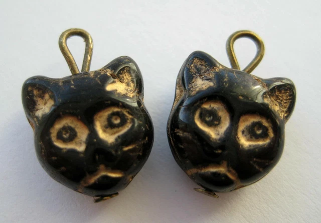 VTG New Old Stock Czech Glass CAT FACE Pair Charms Cracker Jack Halloween Black