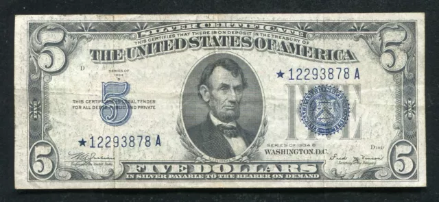 Fr. 1652* 1934-B $5 Five Dollars *Star* Blue Seal Silver Certificate Very Fine+