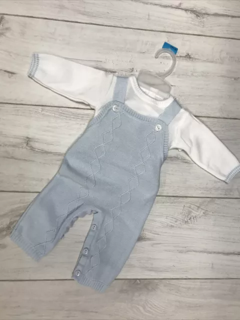Baby Boy's Spanish Soft Knit Sky Blue Dungarees and White Long Sleeve Top Set