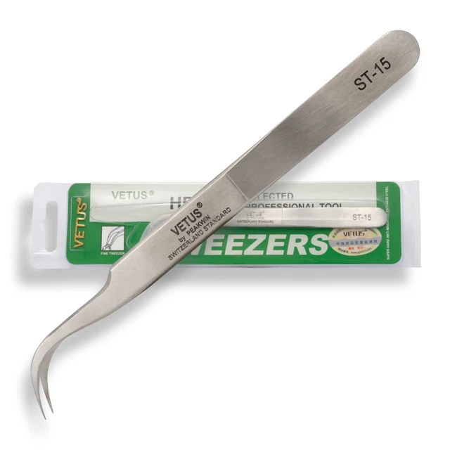 VETUS Wimpernpinzette MCS-15 – Gebogen, Für Wimpernverlängerung & Volumentechnik, Aus Rostfreiem Edelstahl, Inkl. Aufbewahrungsbox & Spitzenschutz