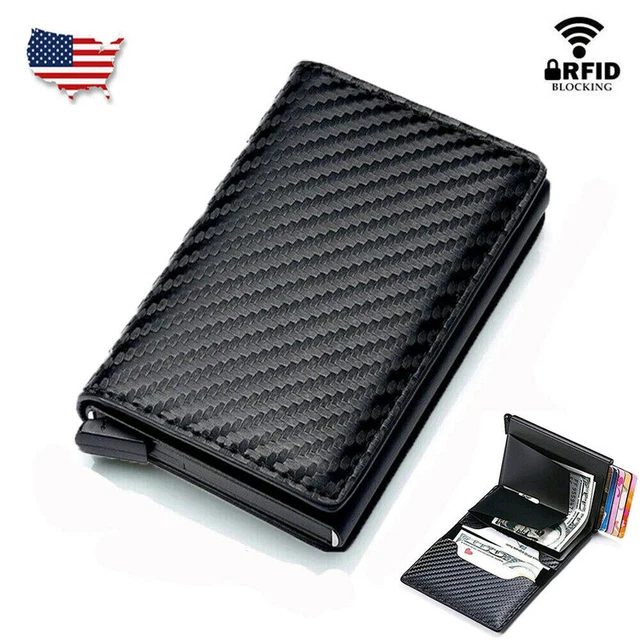 Mens Carbon Fiber Leather Wallet Slim ID Credit Card Holder RFID Blocking Purse