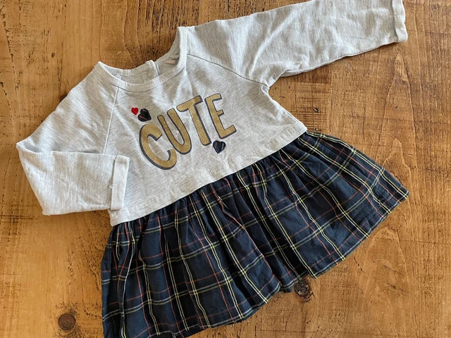 Baby Girl 6-9 months Cool Club Cute Grey Blue Checked Long Sleeve Dress Glitter