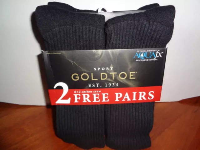 GoldToe Cotton Crew Aquafx Socks 8-Pair Bonus 6+2 Pack Black Men's Size 6-12.5