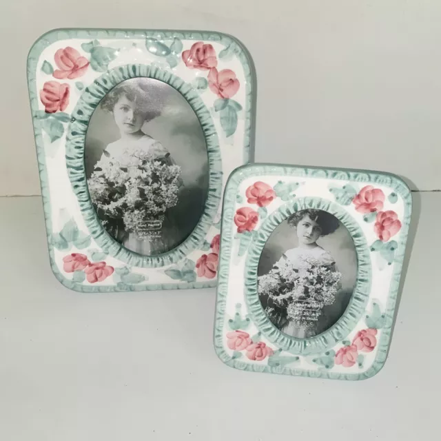 Vintage Hand Painted Rose Floral Shabby Chic Porcelain Picture Frames Set of 2