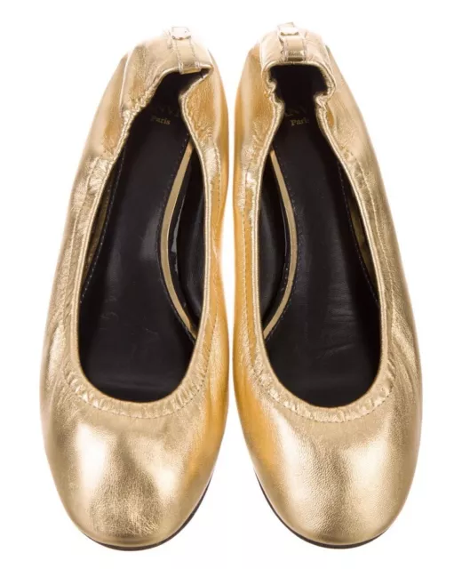 LANVIN Ballerina Ballet Leather Flats Gold Metallic 38.5 Round Toe 2