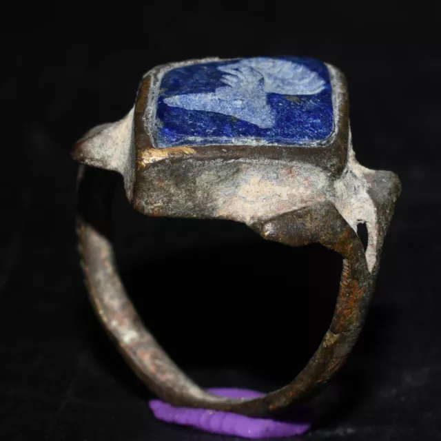 Ancient Medieval Bronze ring with Lapis Lazuli Intaglio Seal Ca. 6th Century AD