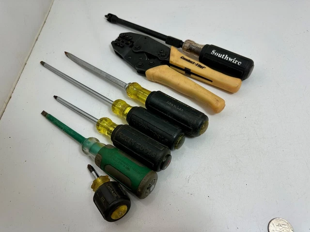 ELECTRICIAN BOX LOT, Crimper, Screwdrivers Klein, Southwire Professional Quality