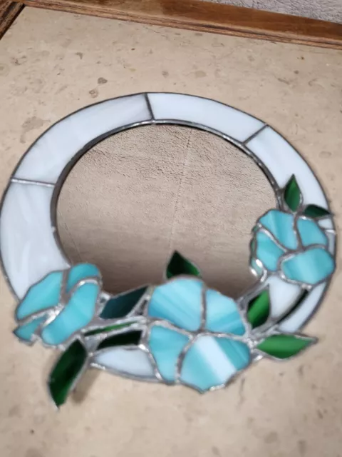 Vintage 8x8 inch - Stained Glass Surrounded Mirror. Tourquoise Floral - see pics