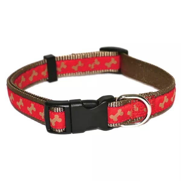 Rosewood Adjustable Nylon Dog Puppy Collar Red With Beige Bones