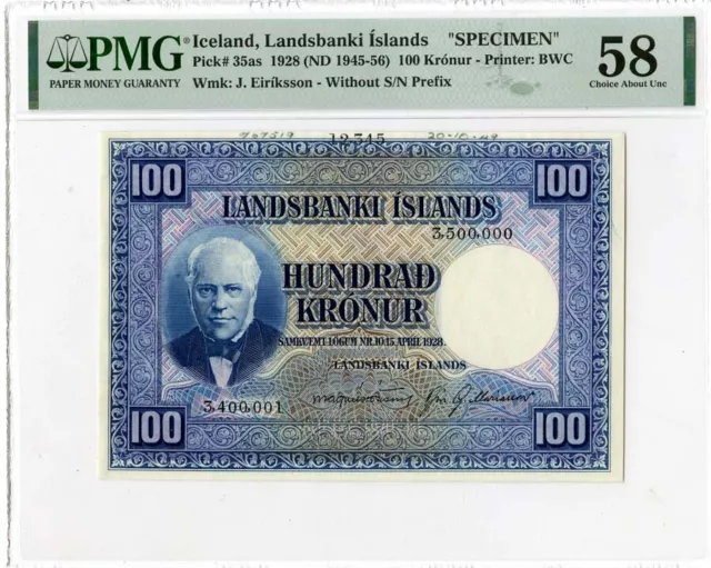 Iceland. Landsbanki Islands. 1928 (ND 1945-56). Specimen Banknote