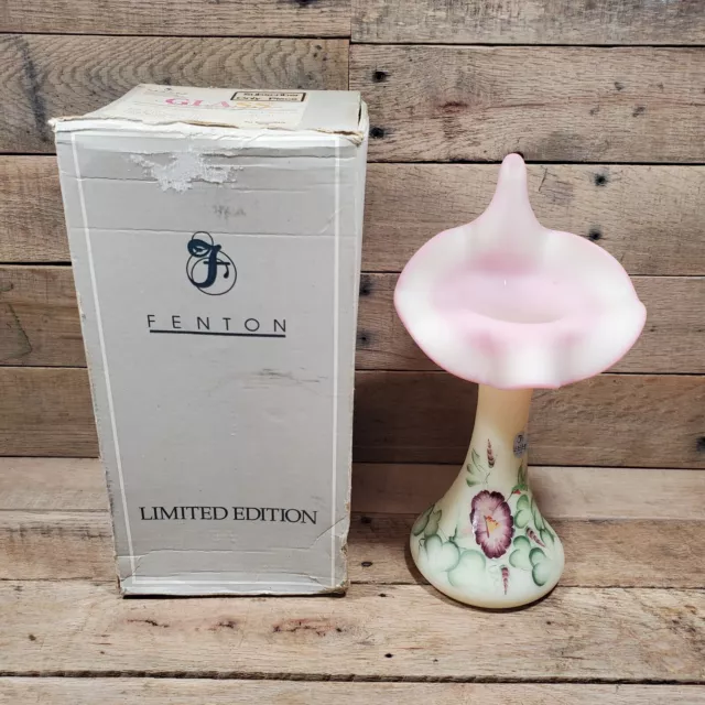 Fenton Burmese Morning Glory Hand Painted Tulip Vase Subscriber Exclusive W Box