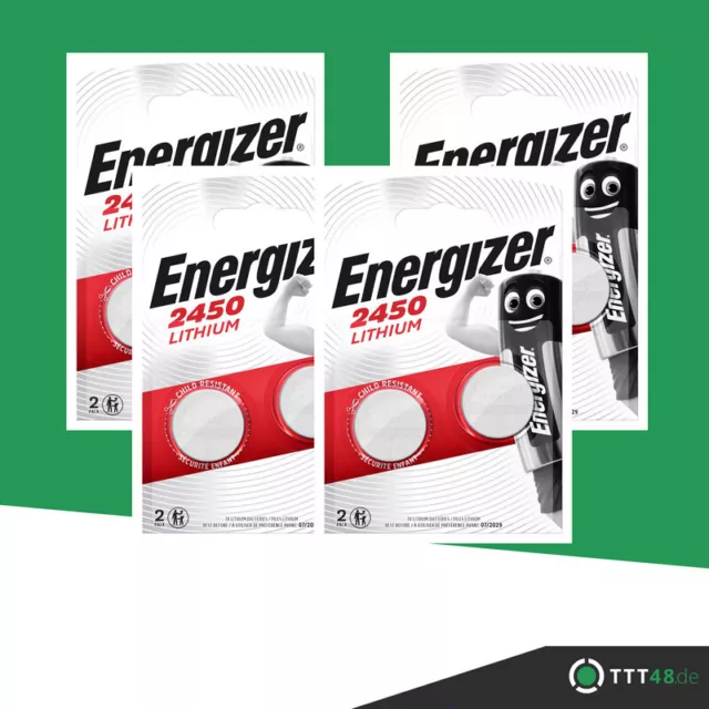 4 x 2er Energizer CR 2450 3V Lithium Batterie Knopfzelle DL2450 - 8 Stück 620mAh