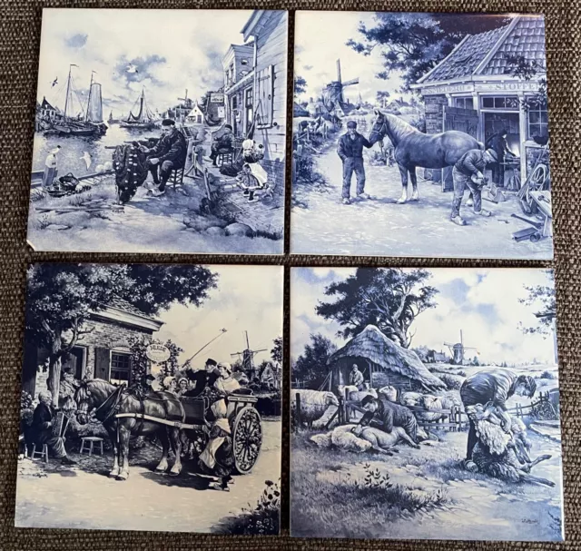 4x JC van Hunnik Blue White Mosa Delft Tiles Ceramic Countryside Dutch Scenes