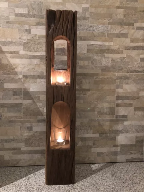 Windlicht Laterne Eiche Altholz 90cm Holzbalken Skulptur Unikat Lampe Säule Deko