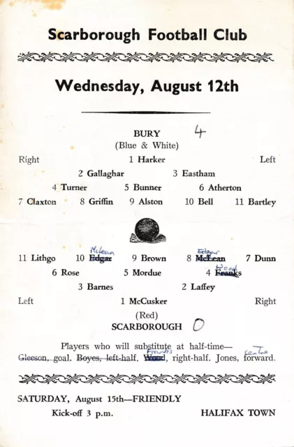 Scarborough v Bury (Friendly) 1964/1965 - single sheet football programme