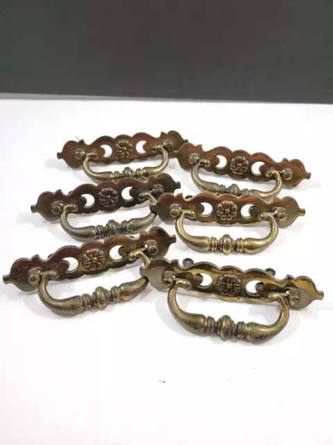 6 Vintage Brass Metal Drawer Pulls Drop Swing Handle 3" Spread Patina As Is