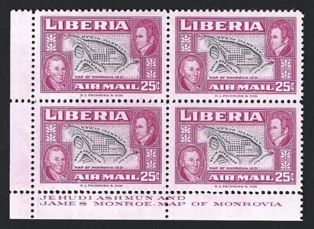 Liberia #C68 1952 Ashmun & Maps 25c CENTER INVERTED error MNH block of 4