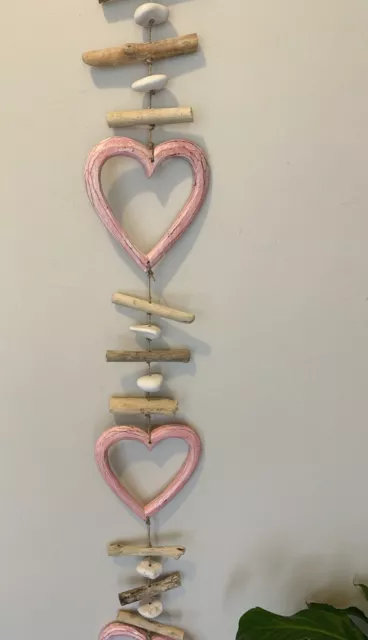 Pink hanging timber hearts decor.  HAND-PAINTED. COASTAL /  BOHO 3