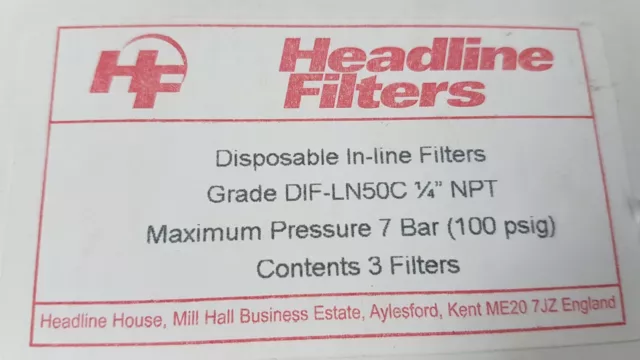 Headline DF-LN50C In-line Air Filter - 1/4-inch NPT 7bar 100psi - Qty 5 Unused 3