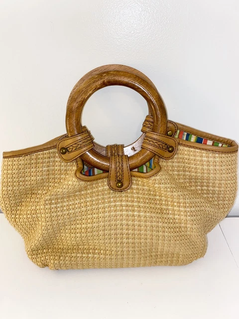 Vintage Fossil Tan Straw Basket Weave Leather Round Wood Handle Hobo Purse Bag