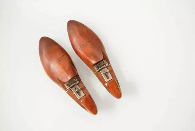 vintage antique pair of adjustable wooden rustic shoe forms or wood shoe lasts