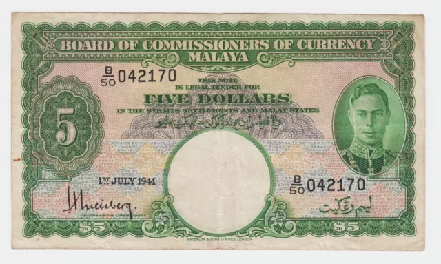 Malaya Straits Settlements 5 Dollars 1941 P12 King George VI Crisp ORIGINAL VF