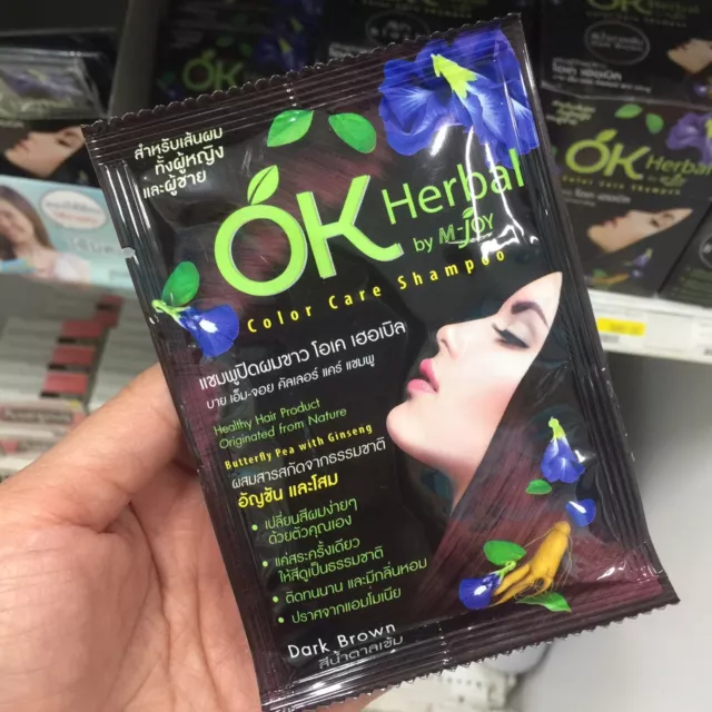 OK herbal hair dye dark brown color care shampoo natural butterfly pea, ginseng