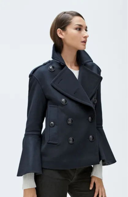NWT $1295 Burberry Juliette Townhill Double Breasted Peacoat Flare-Sleeve Navy 2