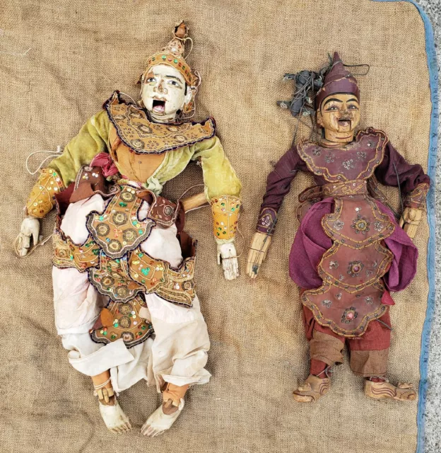 Antique Vintage Burmese Wood Marionette String Puppet Burma Dolls Thai Lot of 2