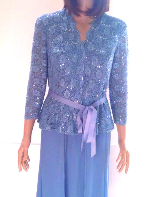 VTG JEANNE ALEXANDER M Muted Blue Bead Lace V Neck Dress Top & Chiffon Skirt Set