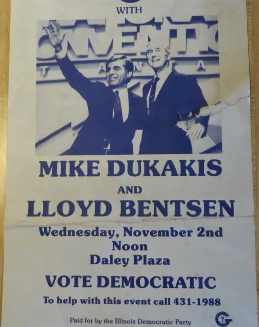 Michael Dukakis Lloyd Bensen Chicago Campaign Poster  11"X17" VERY RARE