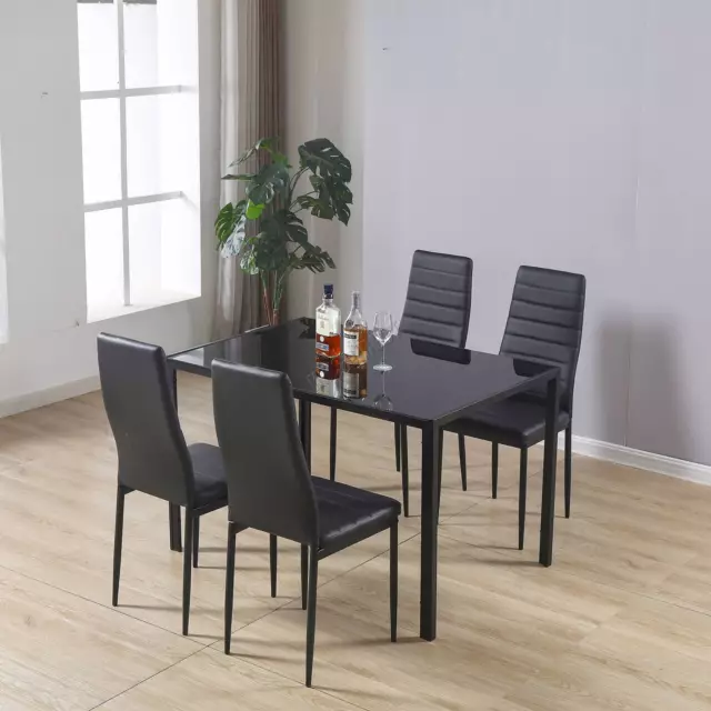 Dining Table With 4 Chairs Set Glass Top Faux Leather Home Kitchen DS07 Black