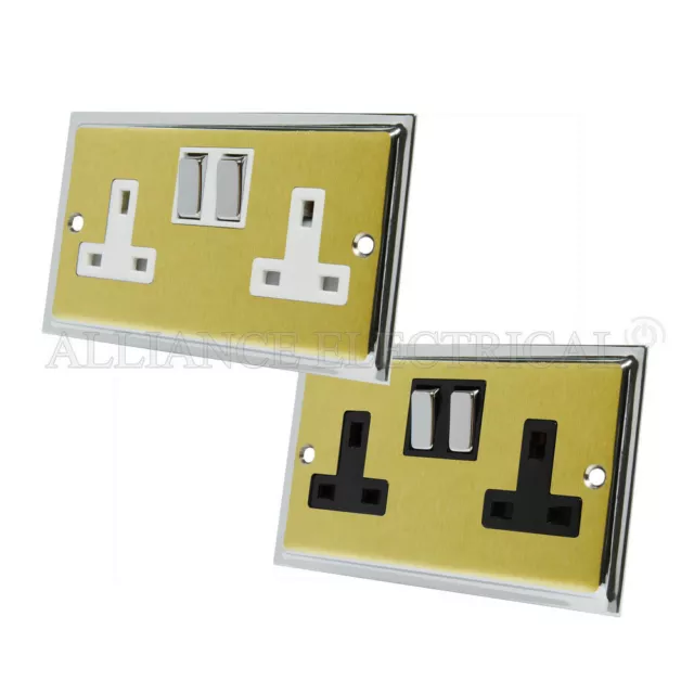 Slimline Satin Brass Polished Chrome Edges Socket 2 Gang 13A Double Plug Outlet